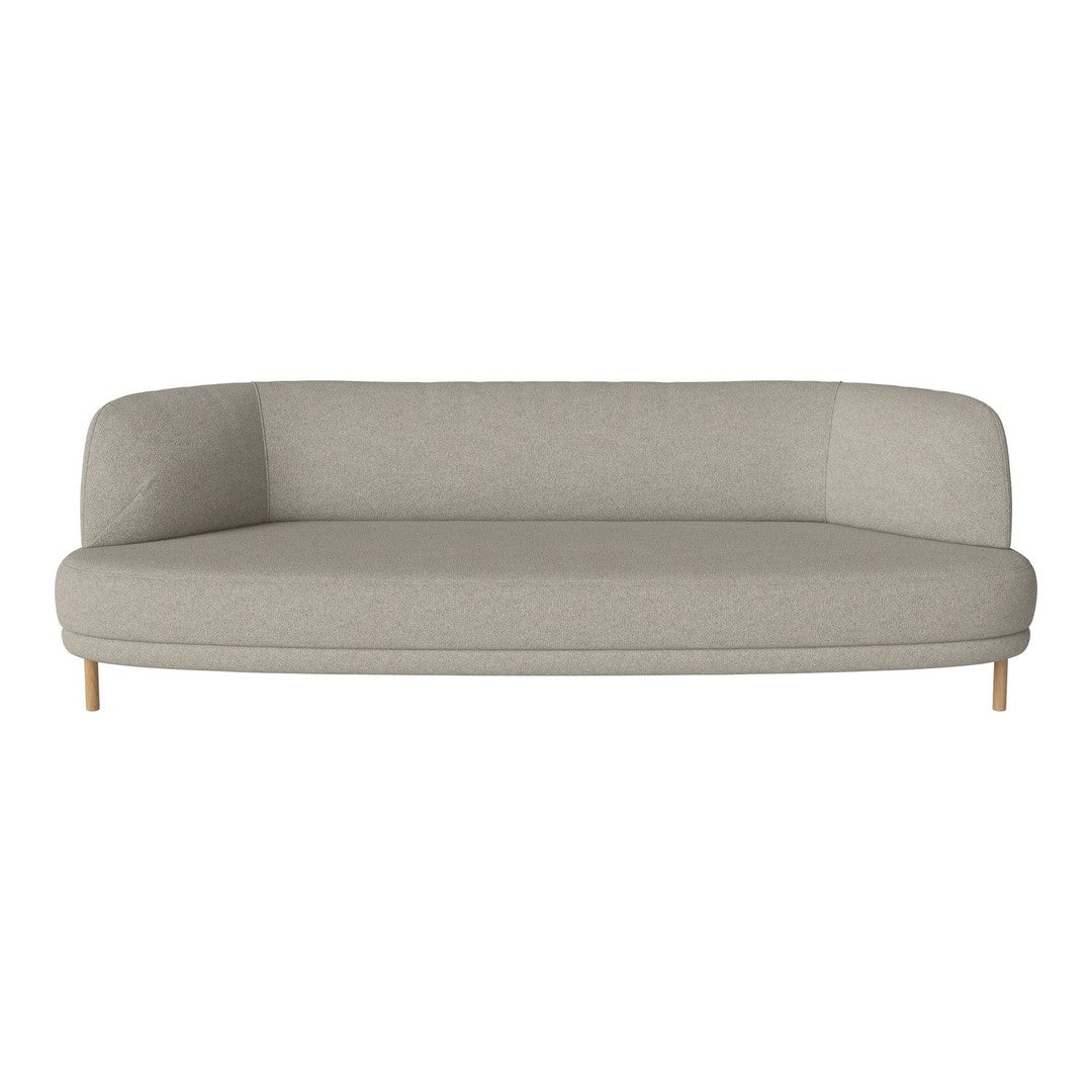 Light gray curved sofa with a minimalistic design and natural wood legs, perfect for modern interiors.