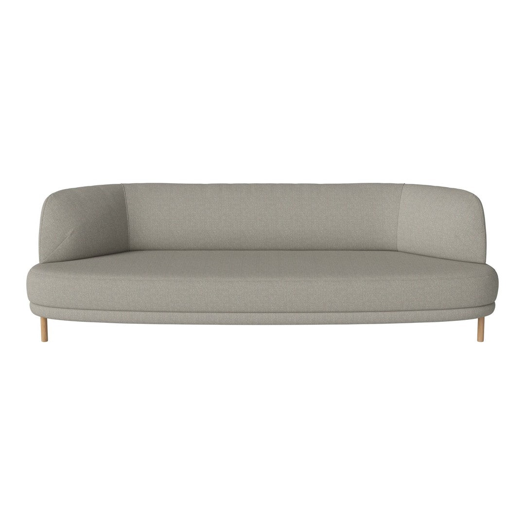 Light gray curved sofa with a smooth texture and wooden legs, perfect for modern living spaces.