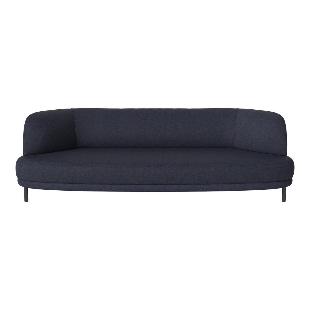 Navy blue sleek sofa with a smooth, minimalist design and curved edges. Ideal for modern living spaces.