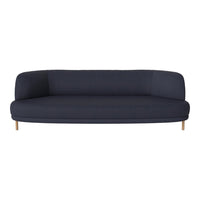 Navy blue sofa with a sleek, modern design and smooth fabric texture, complemented by light wooden legs.
