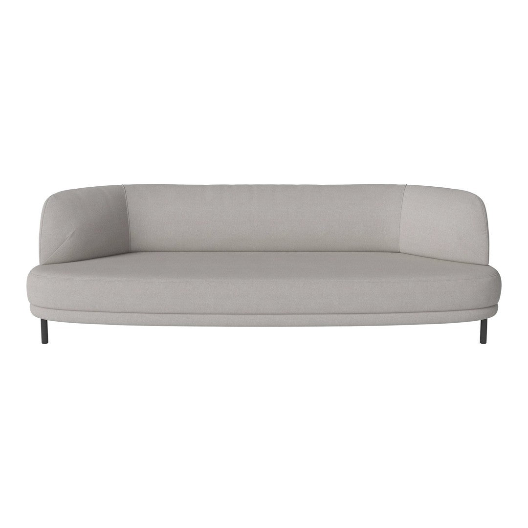 Modern gray sofa with a sleek, curved design and minimalistic style, perfect for contemporary living spaces.
