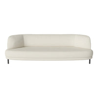 Elegant white rounded sofa with smooth upholstery and minimalist black metal legs. Perfect for modern decor.