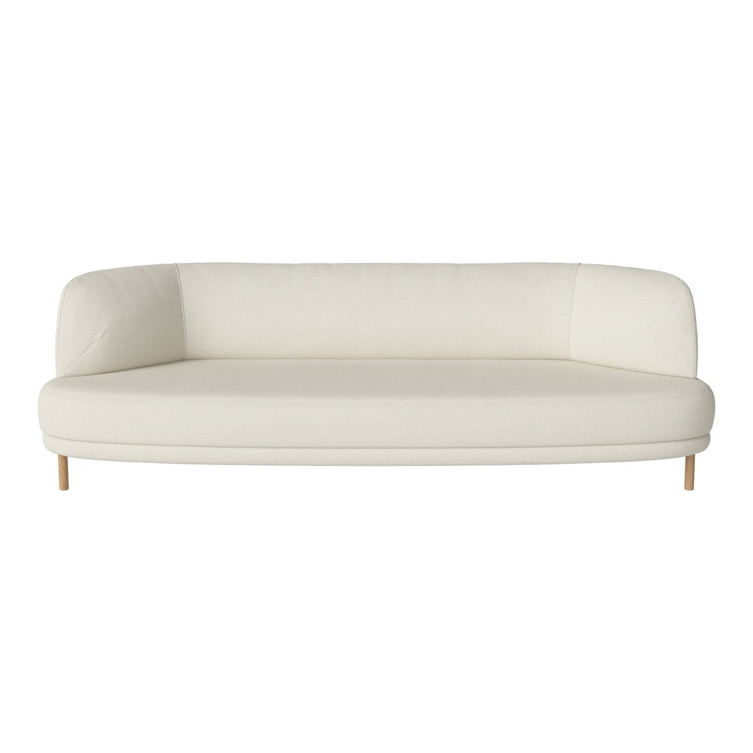 Cream-colored curved sofa with smooth fabric and natural wood legs, ideal for modern minimalist decor.