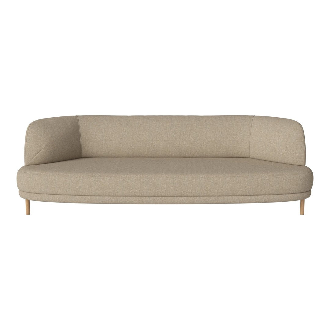 Beige upholstered sofa with a smooth, minimalist design and light wooden legs. Perfect for modern interiors.