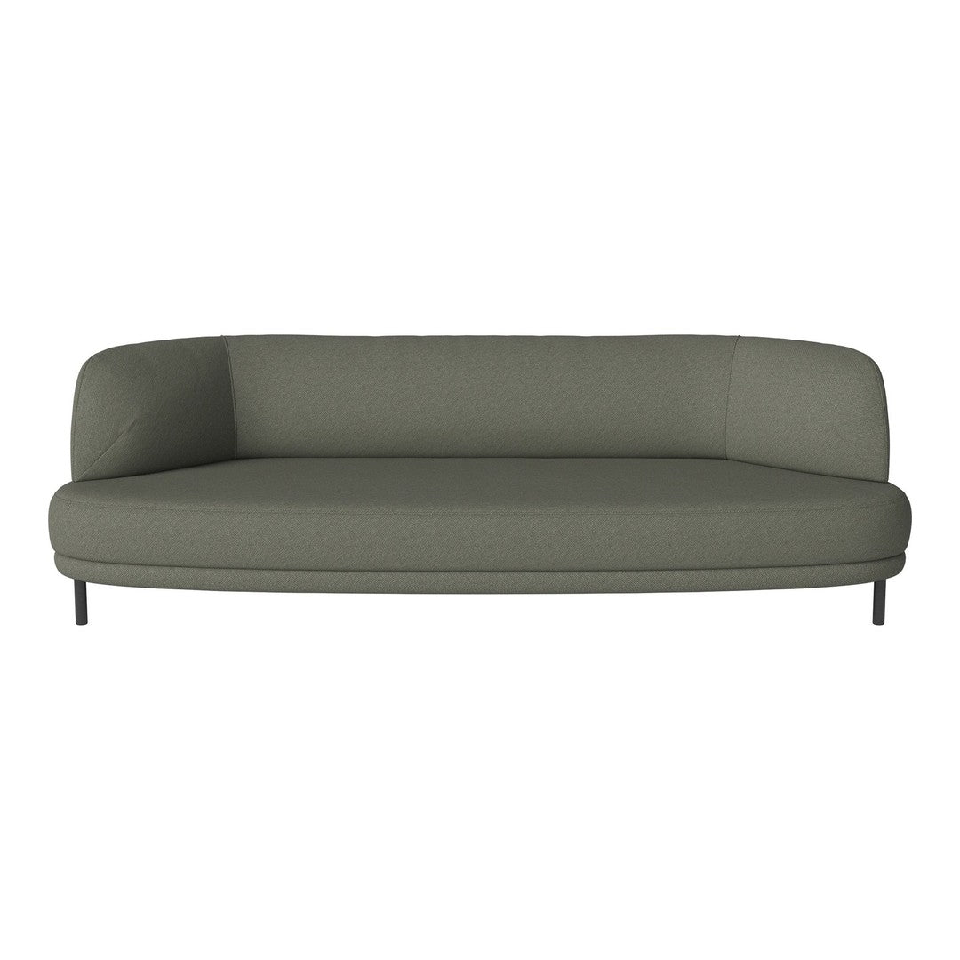Sleek modern sofa in muted olive green, featuring a smooth texture and minimalist design. Ideal for contemporary decor.