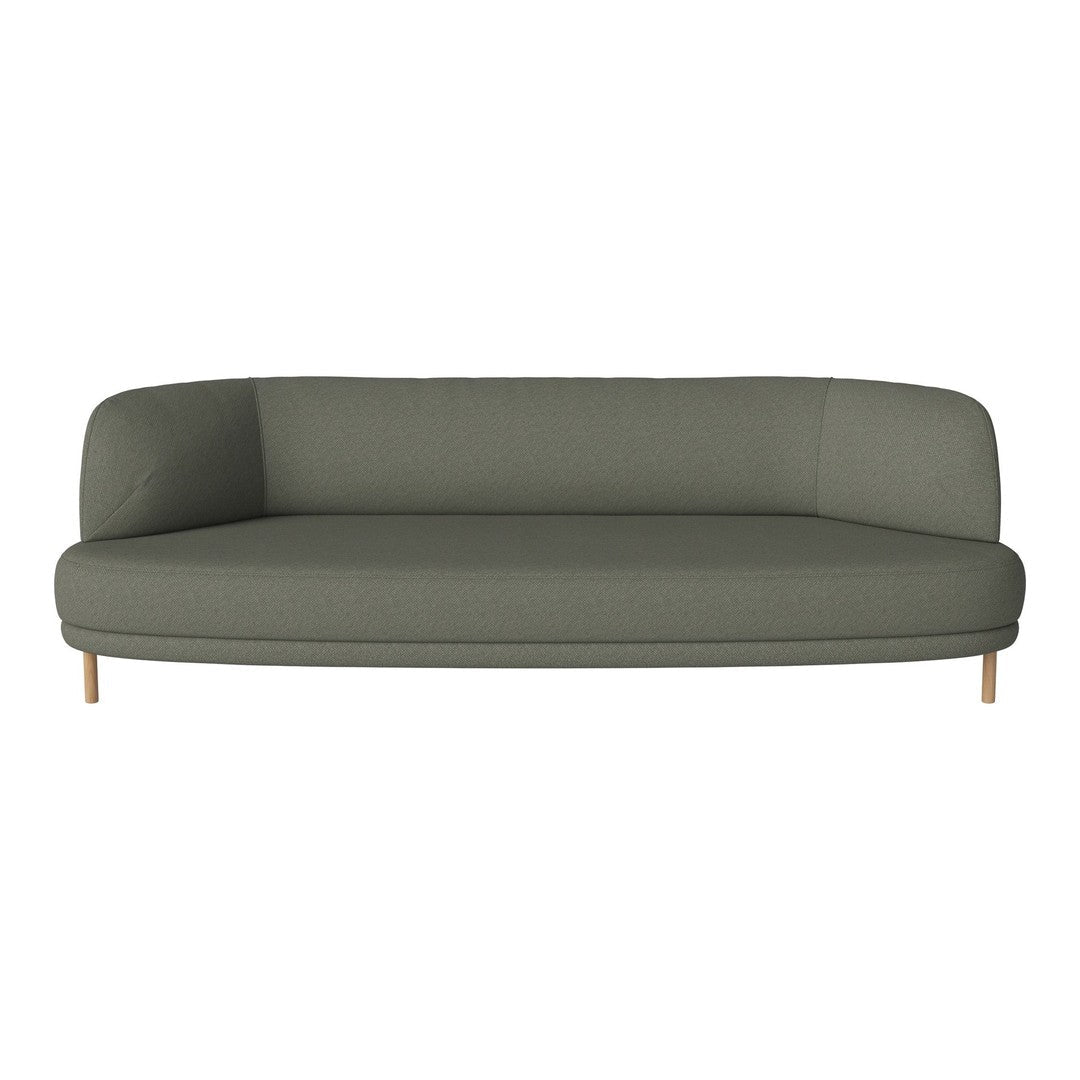 Olive green sofa with a smooth, modern design and wooden legs, perfect for contemporary living spaces.