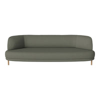 Olive green sofa with a smooth, modern design and wooden legs, perfect for contemporary living spaces.