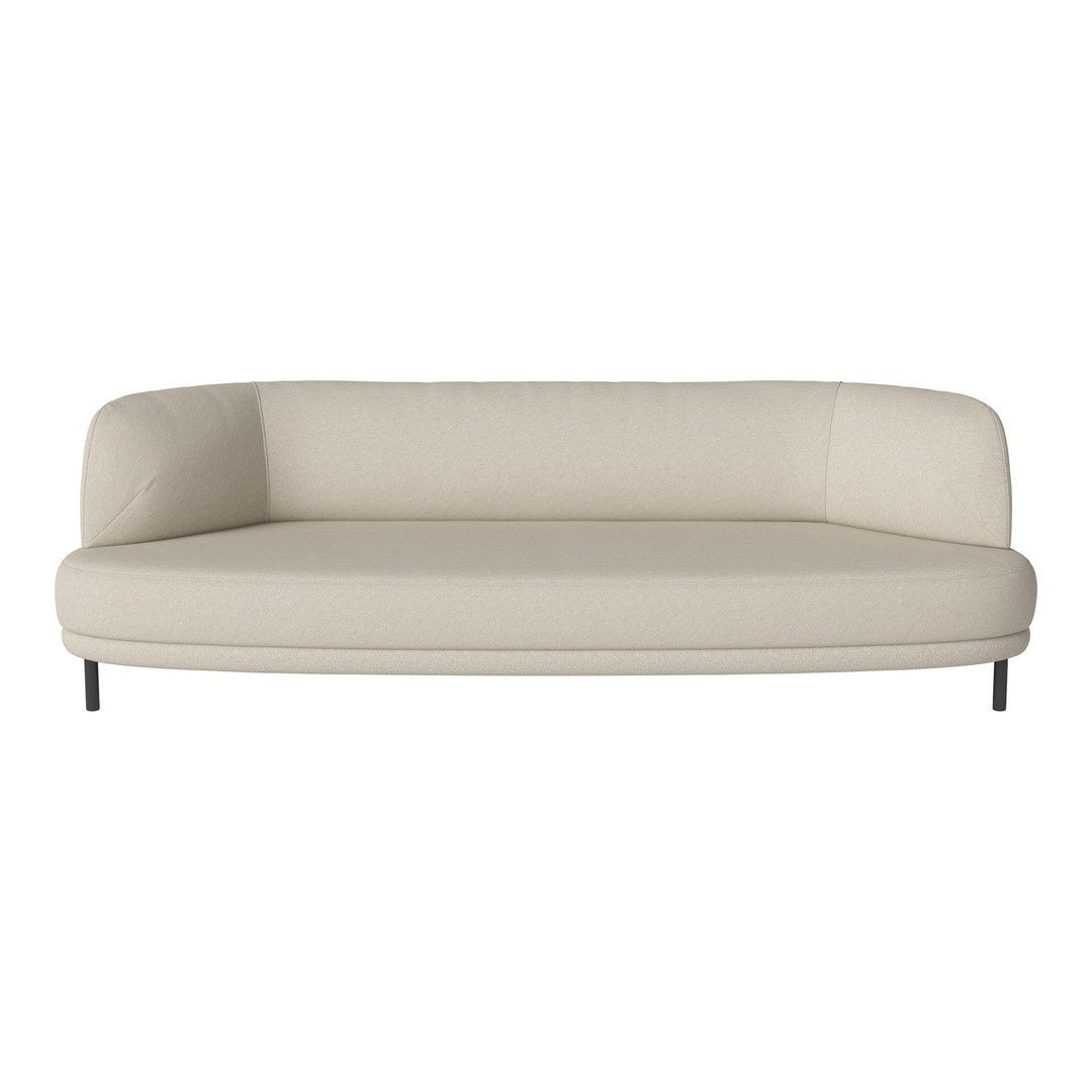 Beige curved sofa with a smooth, minimalist design and sleek black legs. Perfect for modern home decor.