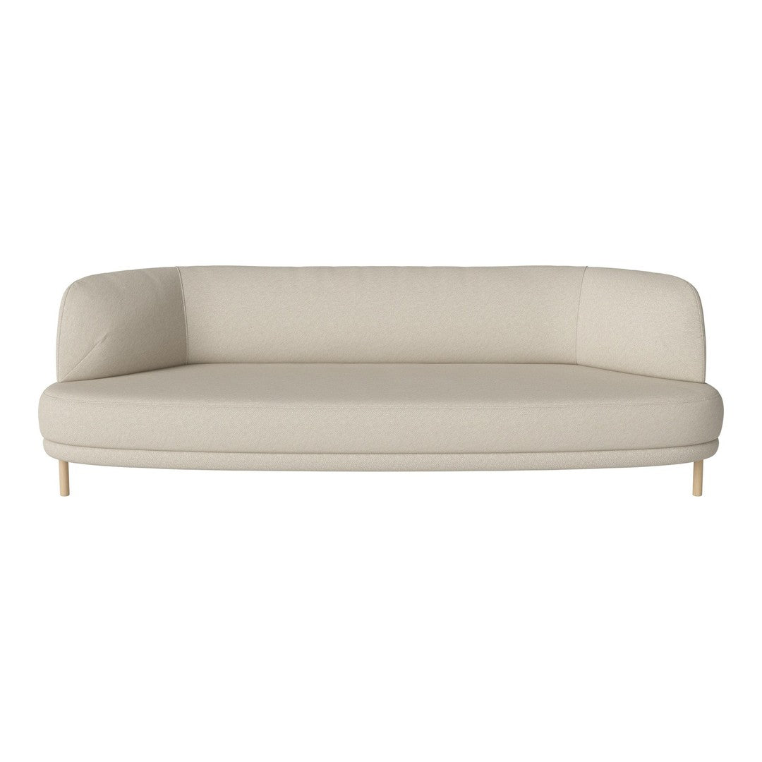 Beige modern curved sofa with minimalist design and smooth upholstery, featuring light wooden legs.
