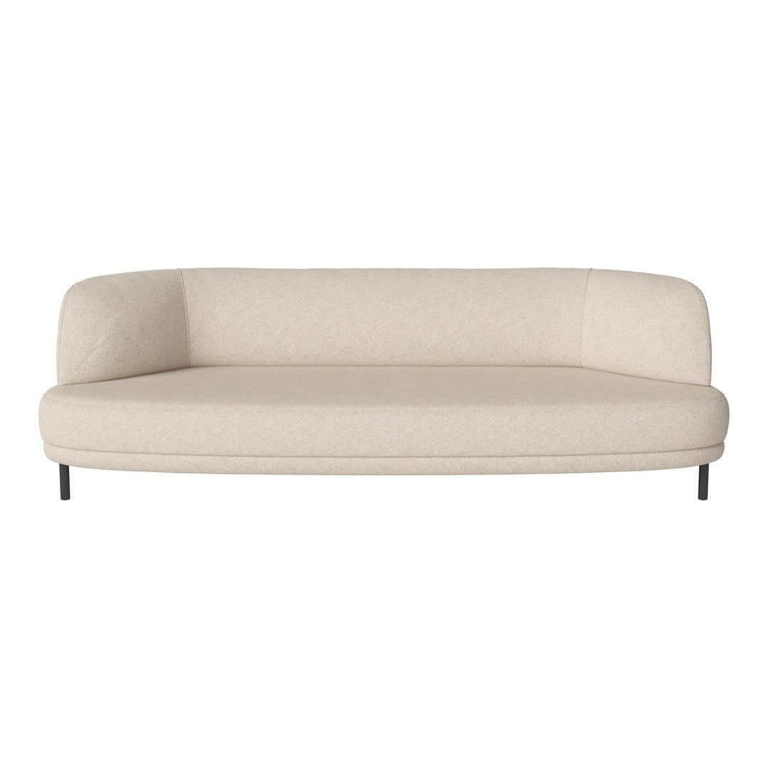 "Minimalist beige sofa with a smooth fabric finish and sleek black legs, perfect for modern decor."
