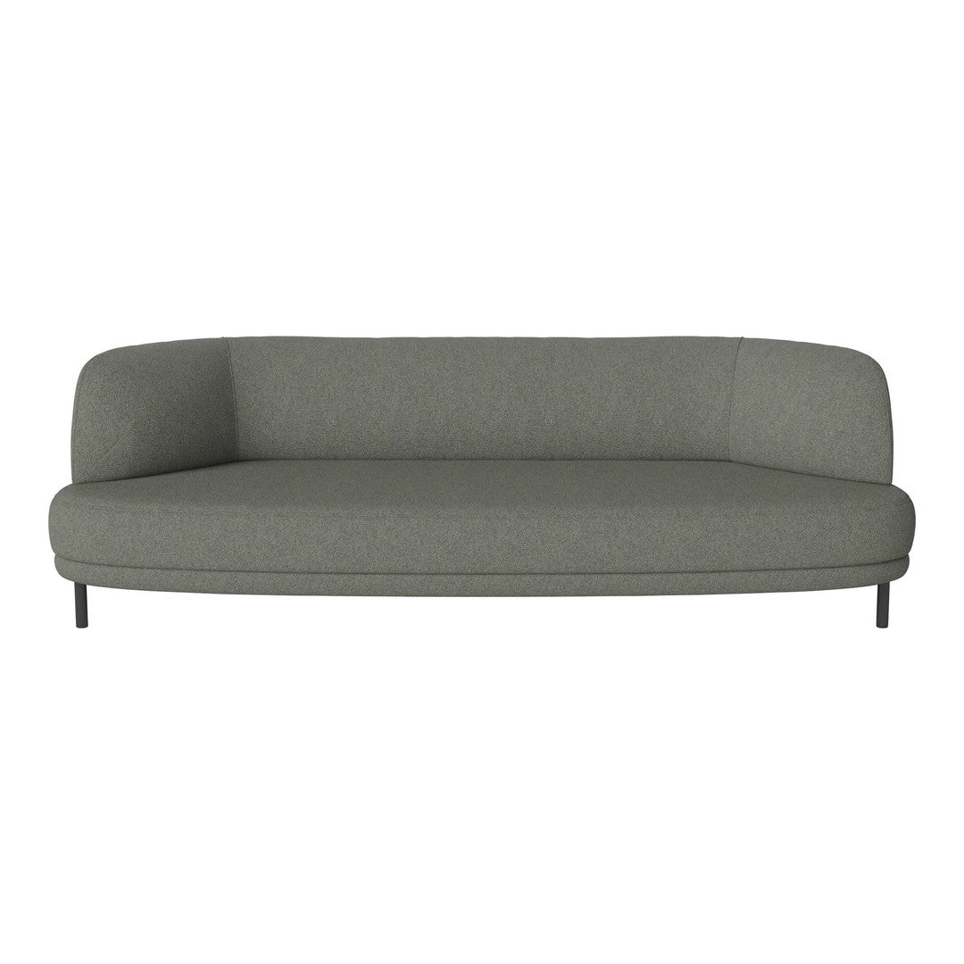 Gray curved sofa with a textured fabric finish and sleek black metal legs. Modern minimalist design for stylish interiors.