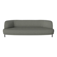 Gray curved sofa with a textured fabric finish and sleek black metal legs. Modern minimalist design for stylish interiors.