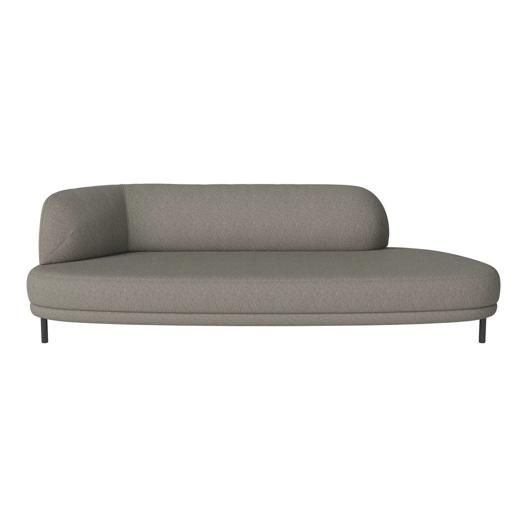 Modern, curved gray sofa with a textured fabric surface and sleek black metal legs. Ideal for contemporary decor.