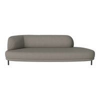 Modern, curved gray sofa with a textured fabric surface and sleek black metal legs. Ideal for contemporary decor.