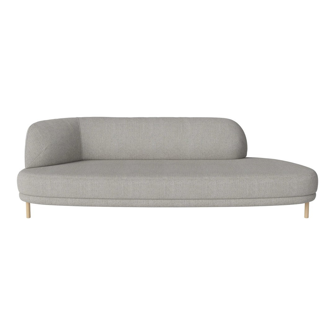 Light gray curved sofa with a minimalist design and subtle texture, featuring natural wood legs. Perfect for modern decor.