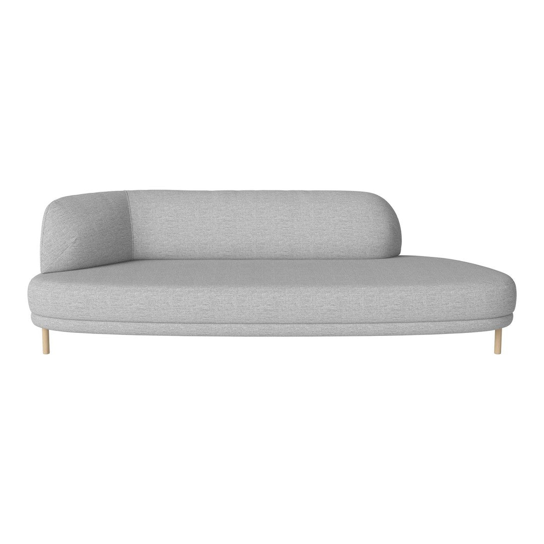 Grey upholstered sofa with a smooth, modern design and light wooden legs, featuring a minimalist, contemporary pattern.