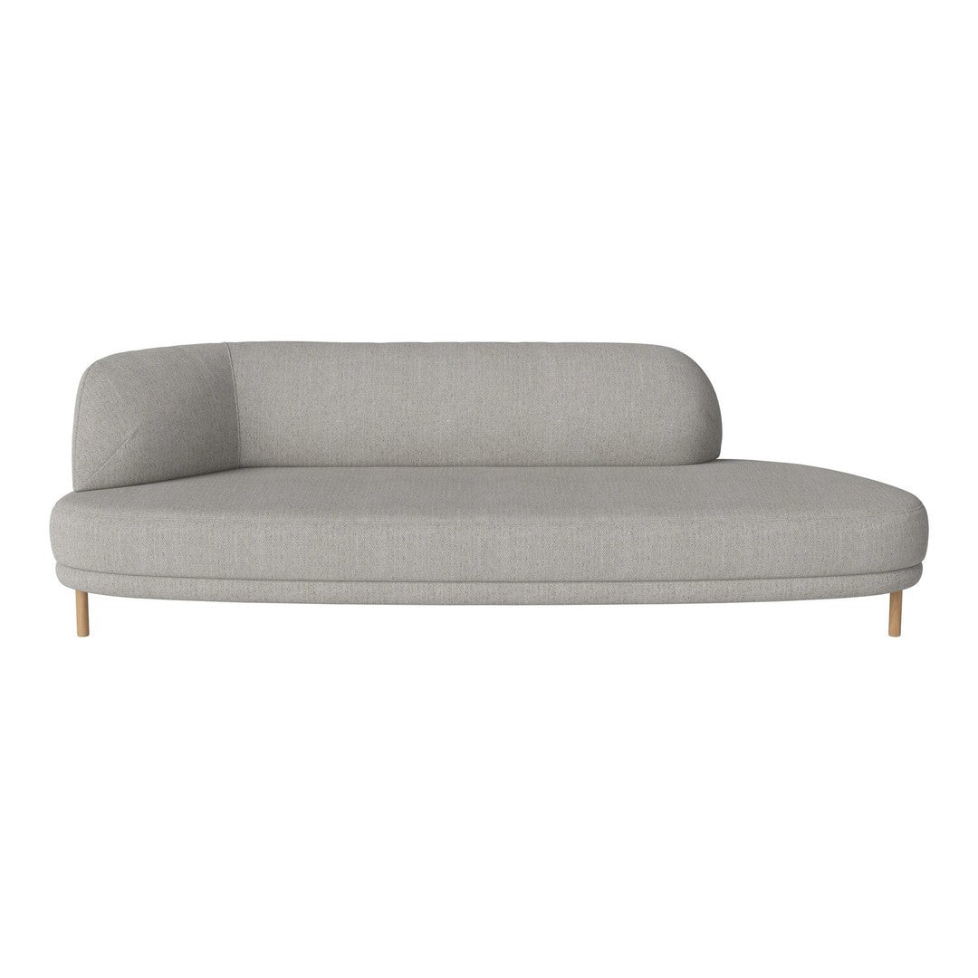 Light gray curved sofa with a smooth fabric texture and natural wood legs, perfect for modern living spaces.