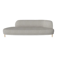 Gray fabric sofa with a minimalist design and curved shape, featuring light wooden legs.