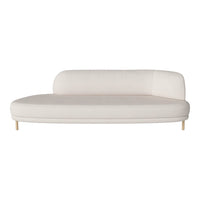 White modern loveseat with smooth upholstery and minimalist design, featuring a sleek, rounded shape and light wooden legs.