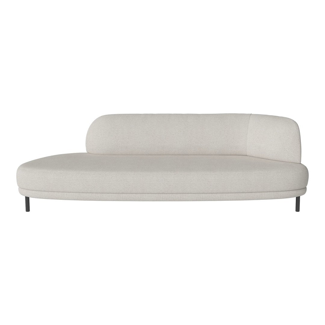 Beige curved sofa with subtle textured pattern and sleek black legs, perfect for modern living spaces.