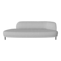 Light grey curved sofa with a smooth fabric texture and minimalist design, featuring sleek black metal legs.