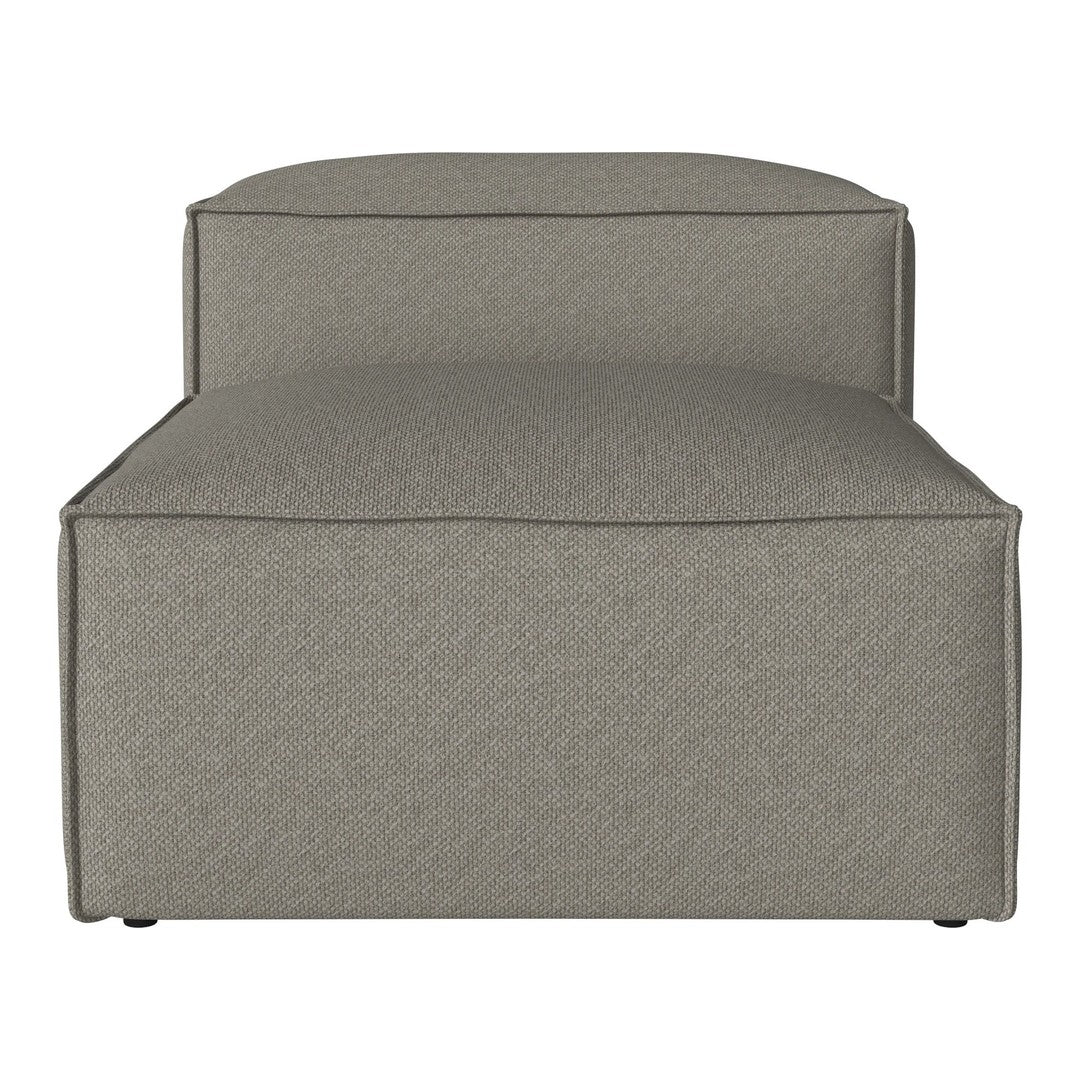 Gray upholstered ottoman with a textured fabric and clean lines, perfect for modern home decor.
