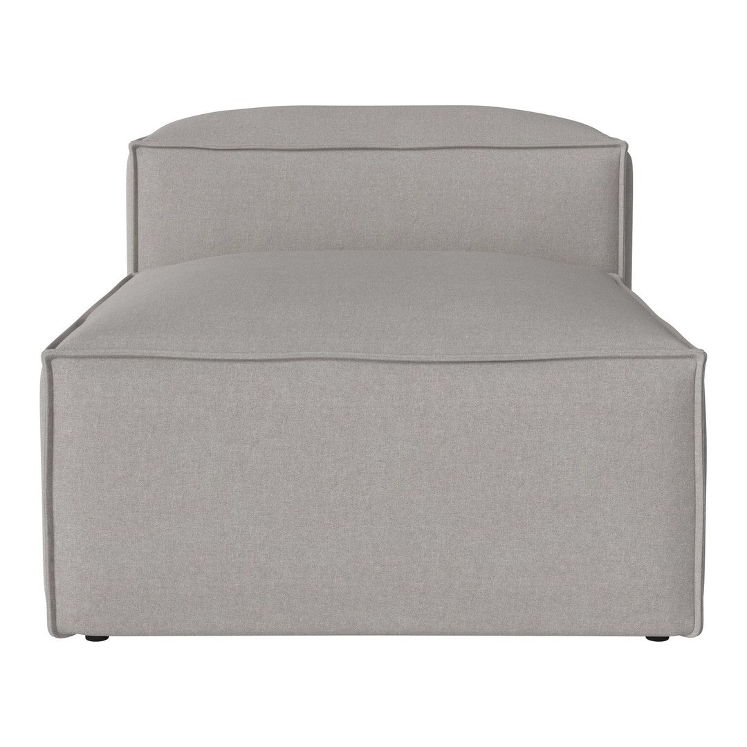 Light gray upholstered chaise lounge with a minimalist design and soft, textured fabric. Perfect for modern decor.