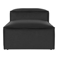Black upholstered ottoman with a sleek, modern design and smooth fabric texture, perfect for contemporary interiors.