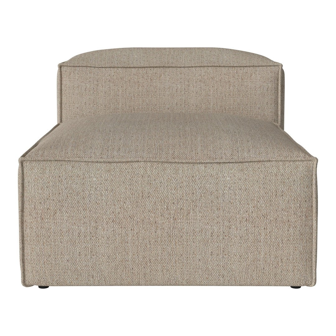 Tan chaise lounge with a textured fabric pattern, offering a stylish and neutral accent for any living space.