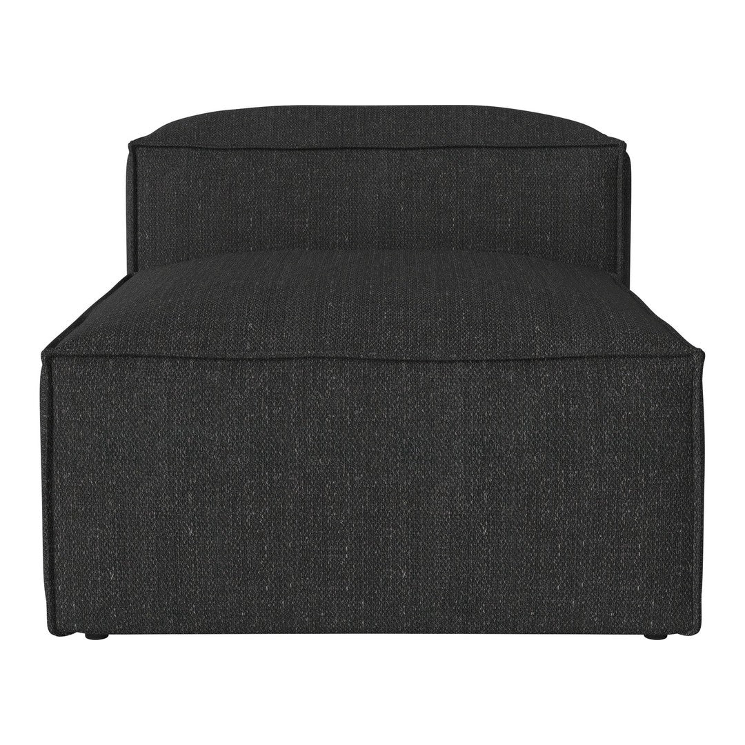 Black textured fabric ottoman with a minimalist design, featuring a smooth surface and simple lines.