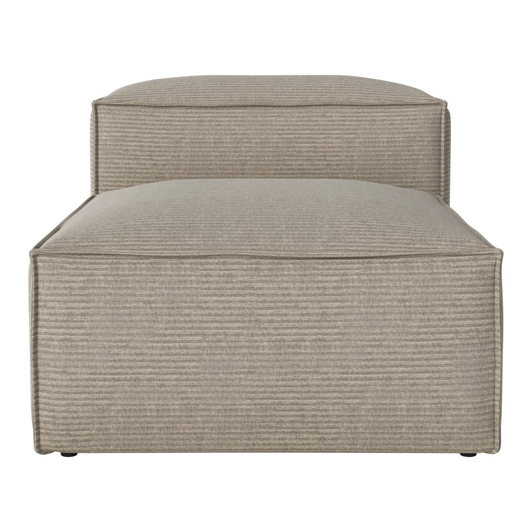 Neutral beige upholstered ottoman with subtle striped pattern and clean lines, perfect for modern decor.