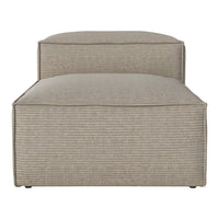 Neutral beige upholstered ottoman with subtle striped pattern and clean lines, perfect for modern decor.