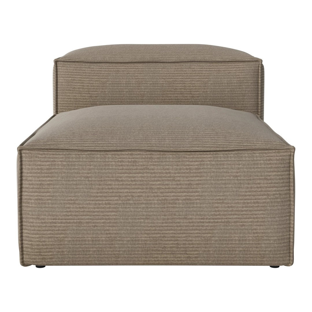 Beige upholstered ottoman with subtle horizontal stripes and a sleek, modern design. Perfect for any decor.