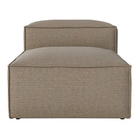 Beige upholstered ottoman with subtle horizontal stripes and a sleek, modern design. Perfect for any decor.