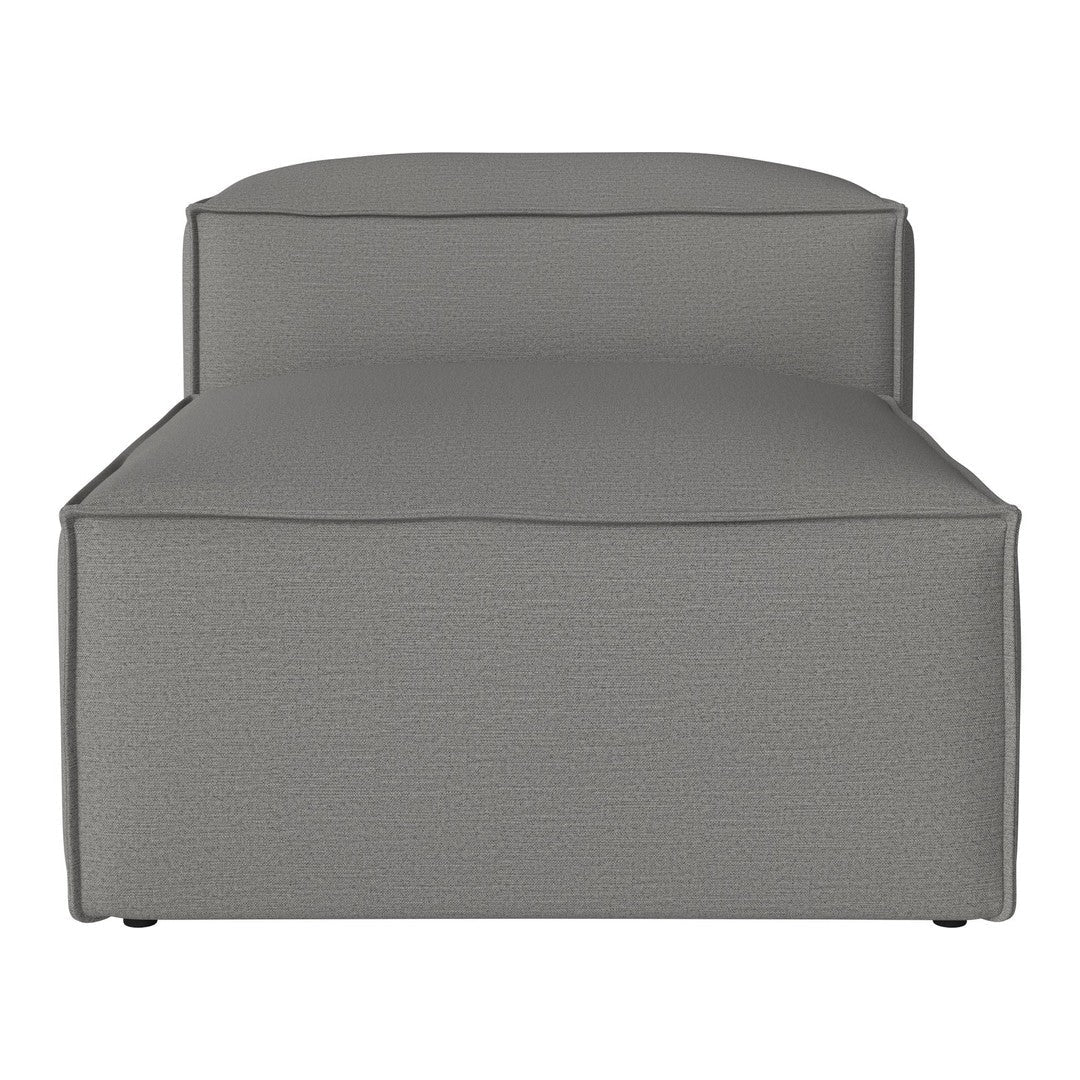 Gray upholstered chaise lounge with a smooth texture and minimalist design. Perfect for modern home decor.