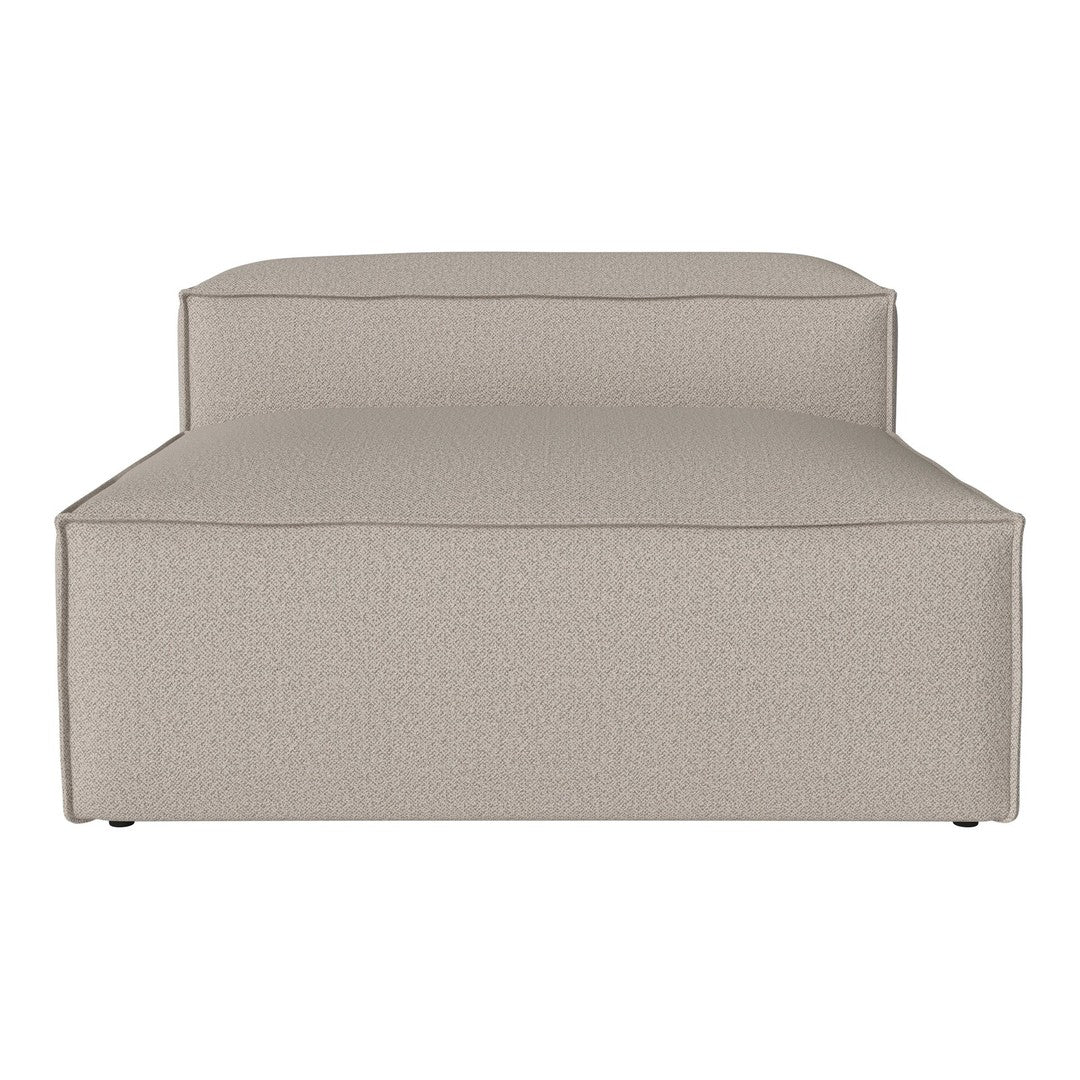Beige upholstered ottoman with a textured pattern and minimalist design. Perfect for modern living spaces.