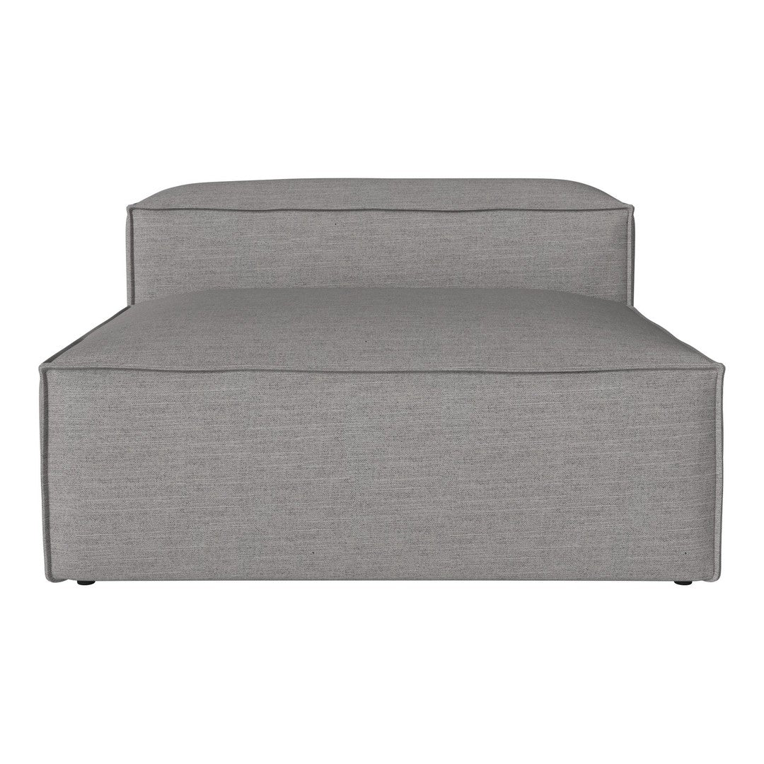 Gray upholstered chaise lounge with a clean, modern design and subtle textured pattern. Perfect for contemporary decor.