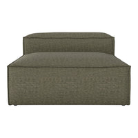 Olive green upholstered lounge chair with subtle textured pattern and clean lines, perfect for modern decor.
