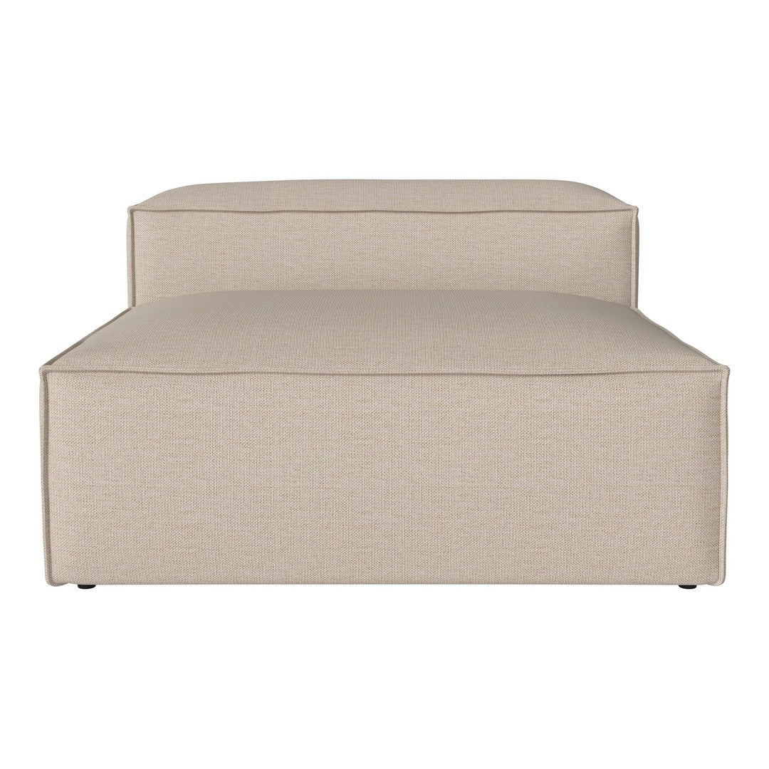 Beige upholstered chaise lounge with a subtle textured pattern, perfect for modern interiors.