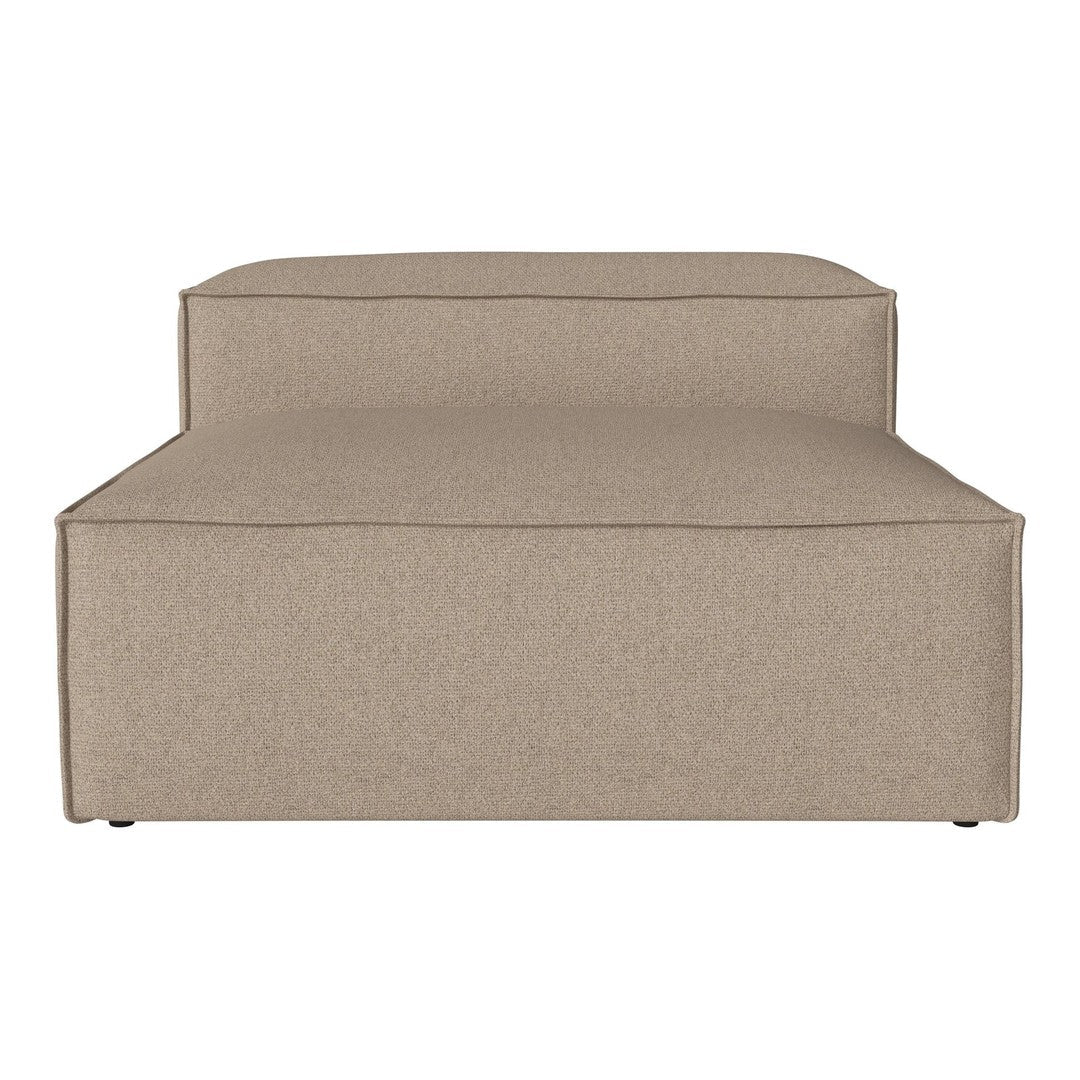 Beige upholstered chaise lounge with a smooth, minimalist design and subtle texture. Perfect for modern decor.