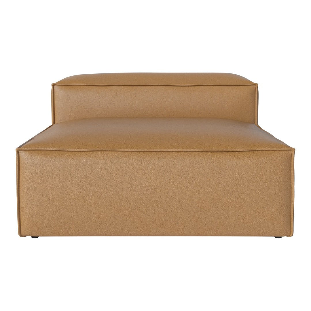 "Stylish tan leather ottoman with a sleek, modern design and minimalist aesthetics."