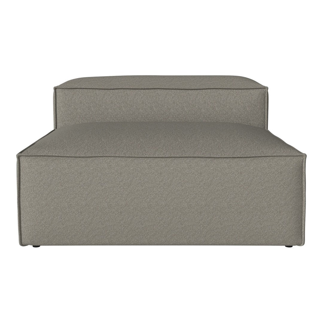 "Neutral gray upholstered accent chair with a simple, textured surface and clean lines."