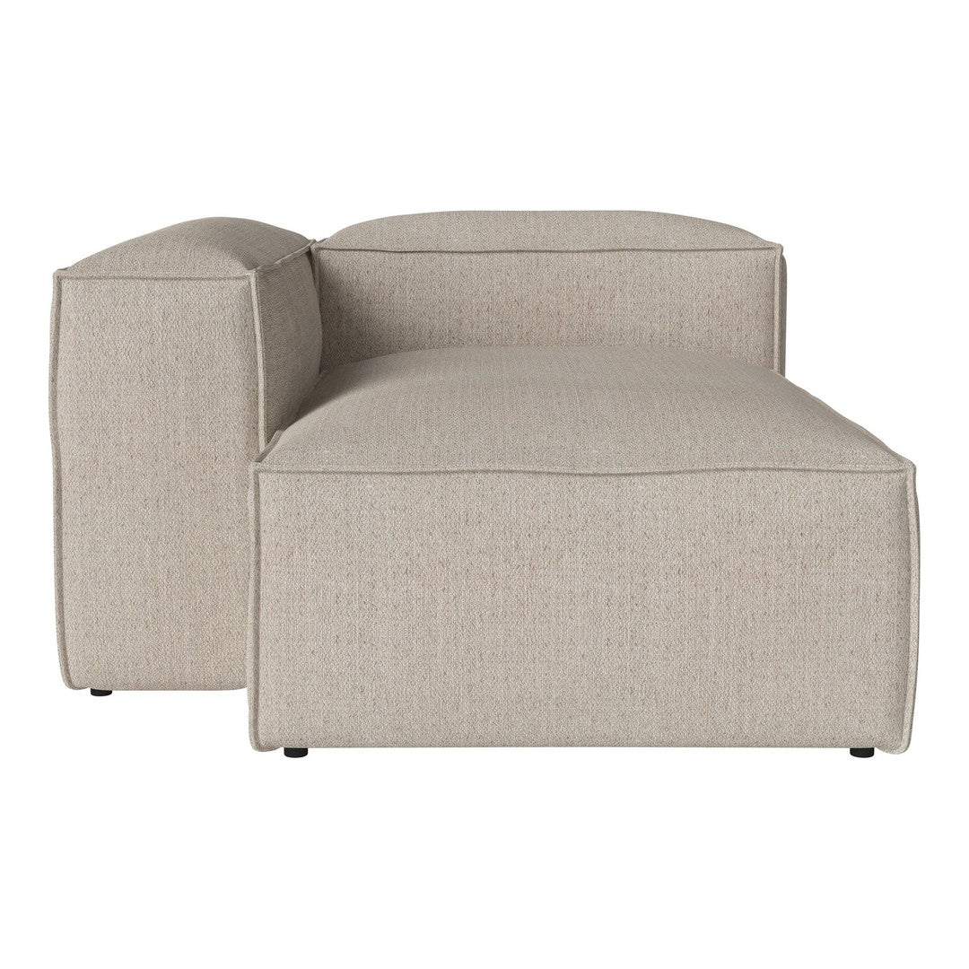 Beige textured fabric sectional sofa with a minimalist design, featuring clean lines and a contemporary style.