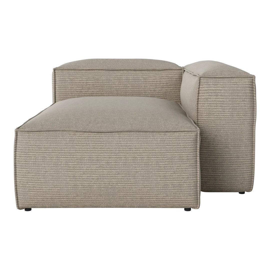 Beige striped fabric chaise lounge with a modern, minimalist design and clean lines. Ideal for contemporary spaces.