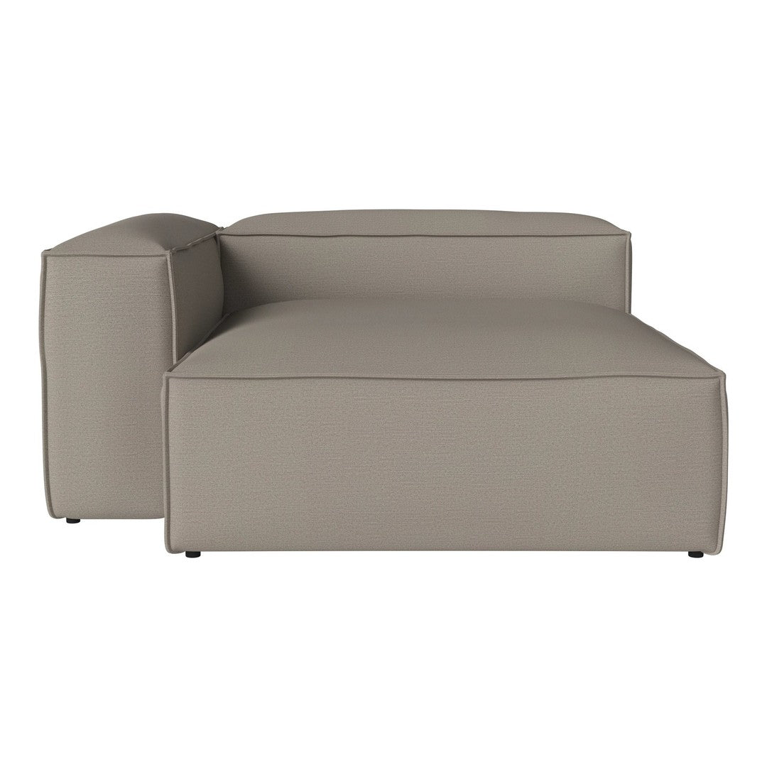 "Minimalist taupe chaise lounge with clean lines and a sleek block design, perfect for modern decor."
