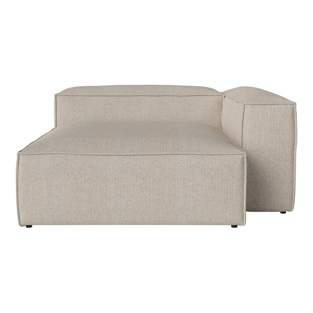 Beige upholstered sectional sofa with a sleek, minimalist design and subtle textured pattern.