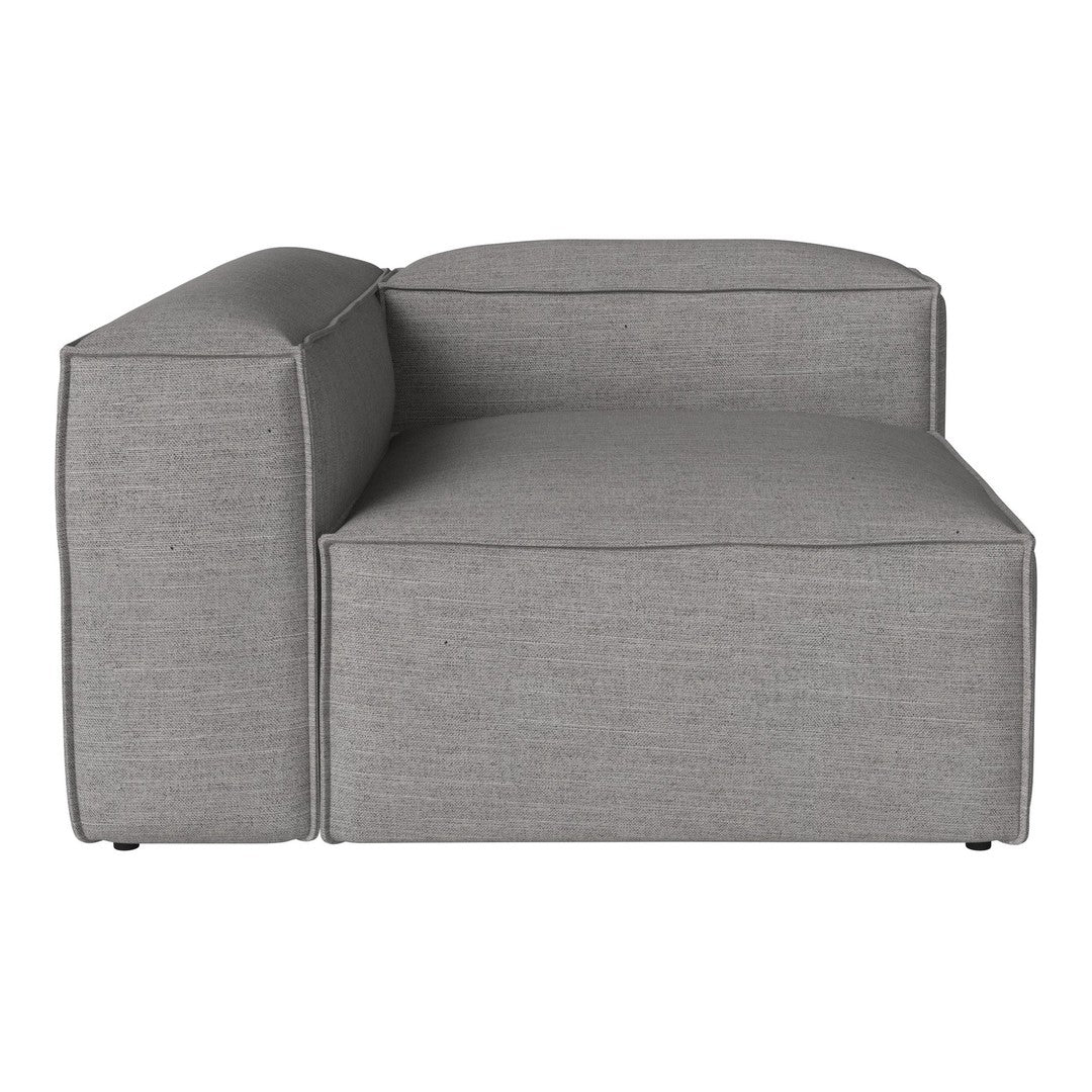 Gray upholstered sofa section with a sleek modern design and subtle textured fabric pattern.