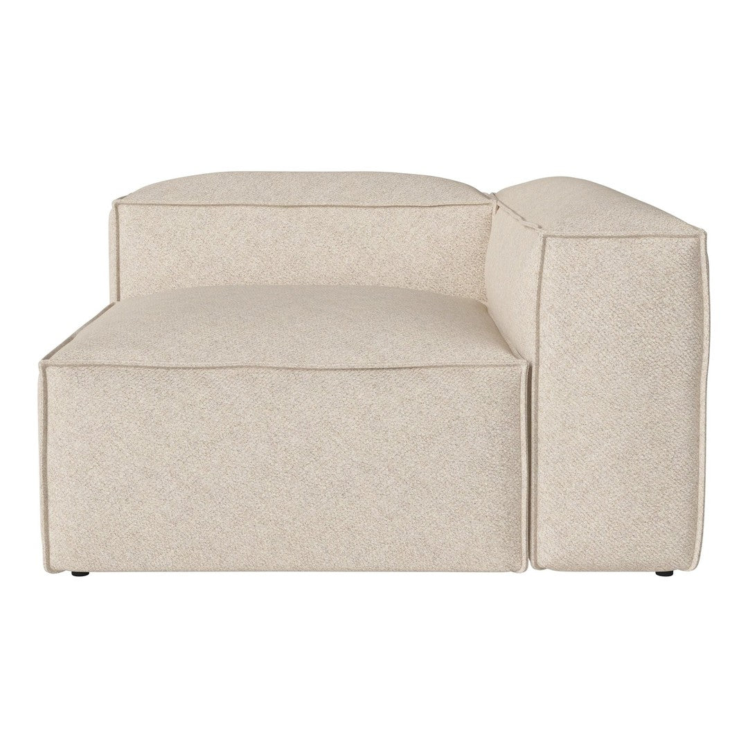 Beige modular couch with a textured fabric pattern, featuring clean lines and a modern design.