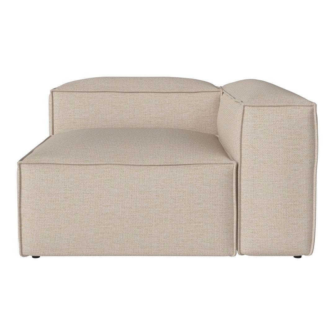 Beige sectional sofa with subtle textured fabric, featuring a solid neutral color and clean, modern lines.