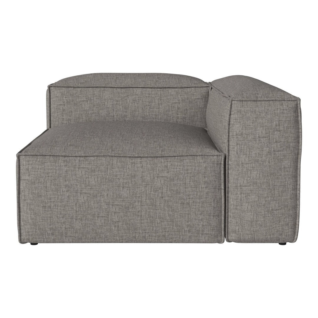 Gray upholstered sectional sofa with a textured, woven pattern, featuring clean lines and a modern design.